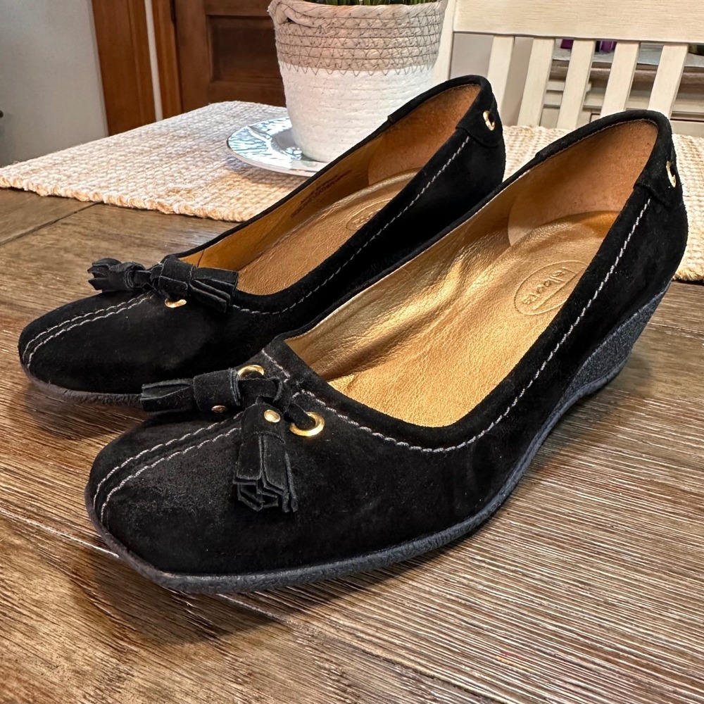 Talbots Black Suede Leather Wedge Heel Tassel‎ Accent Shoes Women's 6B